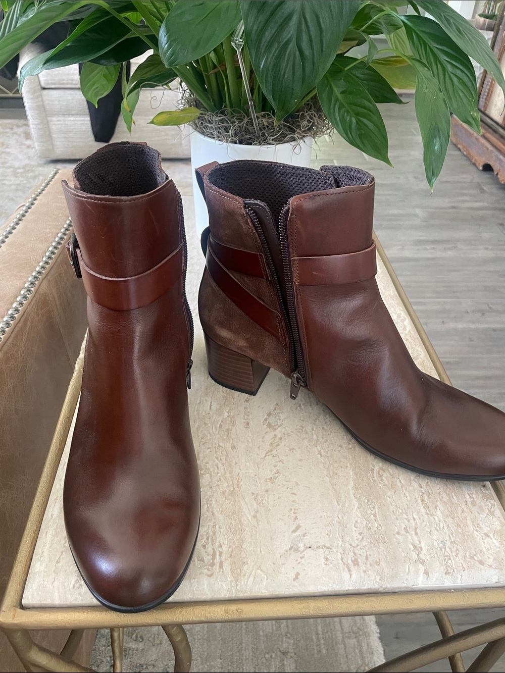ECCO Brown Leather Ankle Boots with Block Heel